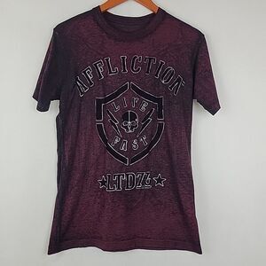 Affliction TShirt Mens Small Red Black All Over Print Burnout Crew Tee Live Fast